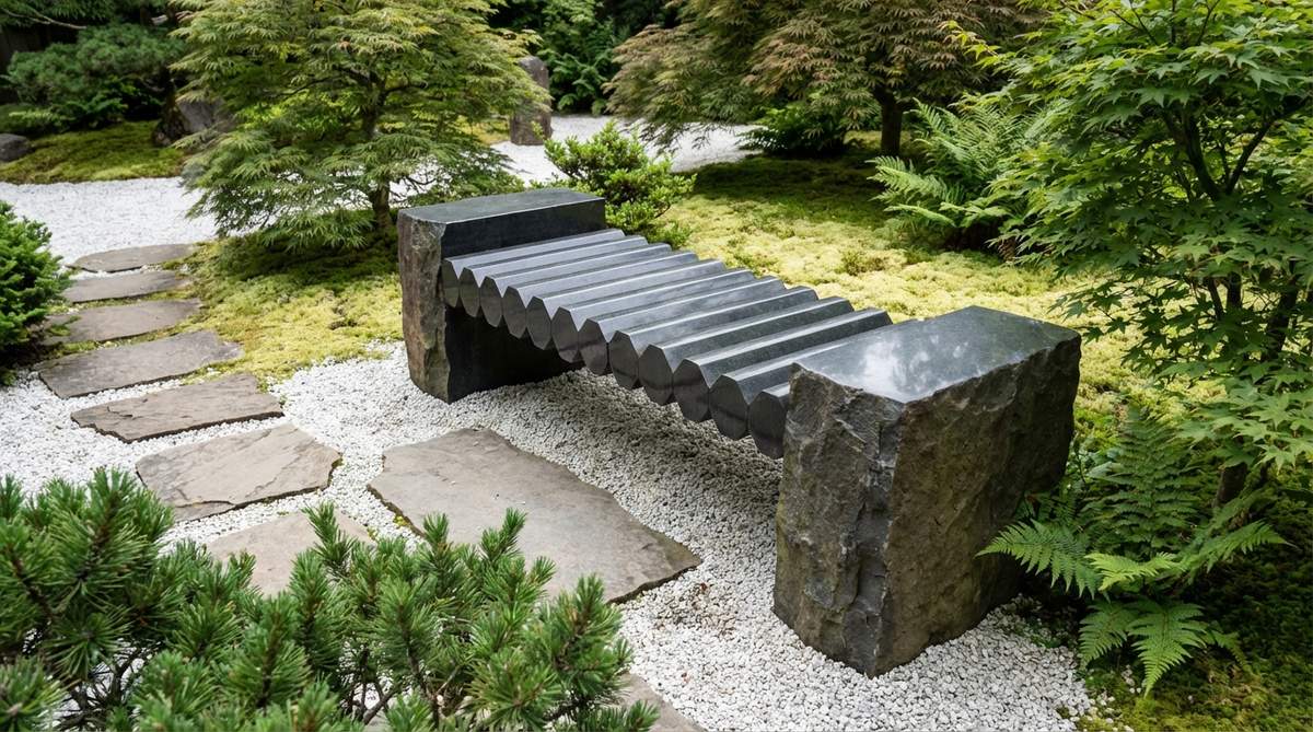 A dramatic hexagonal basalt column bench in a Japanese garden, with dark geometric columns spanning horizontally between support stones. The sculptural bench creates strong visual contrast against white gravel or light-colored groundcovers, serving as a focal point along approach paths while providing functional seating.