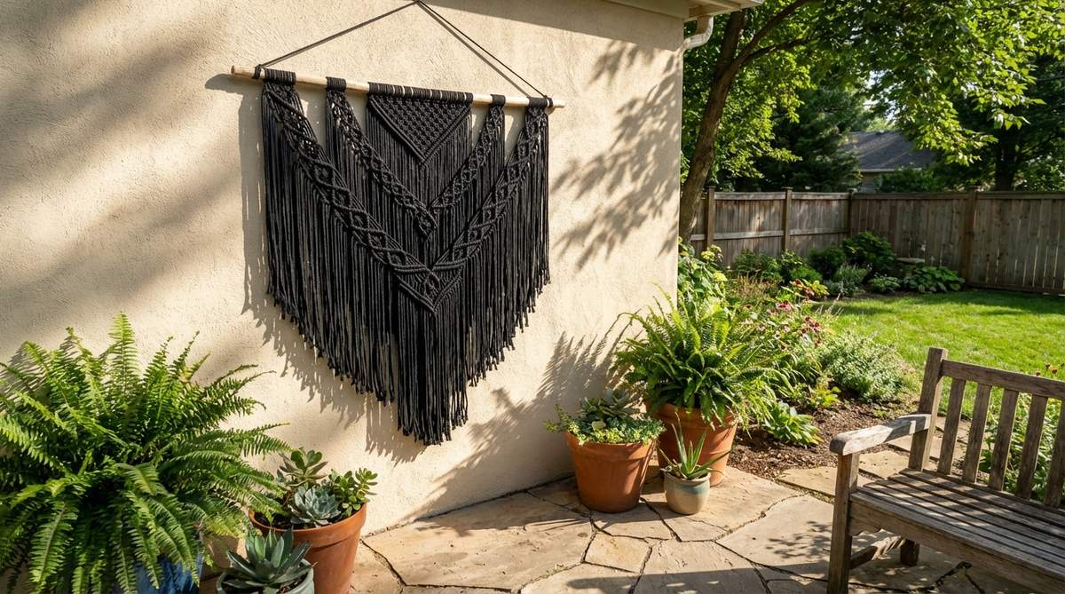 A black macrame wall hanging made from cotton cord, featuring intricate knotwork that creates dramatic shadow play on light walls. Ideal as a textile alternative to traditional art, it highlights geometric patterns and fringe details, especially in spaces with natural light. Perfect for boho decor, it pairs well with plants for an organic balance.