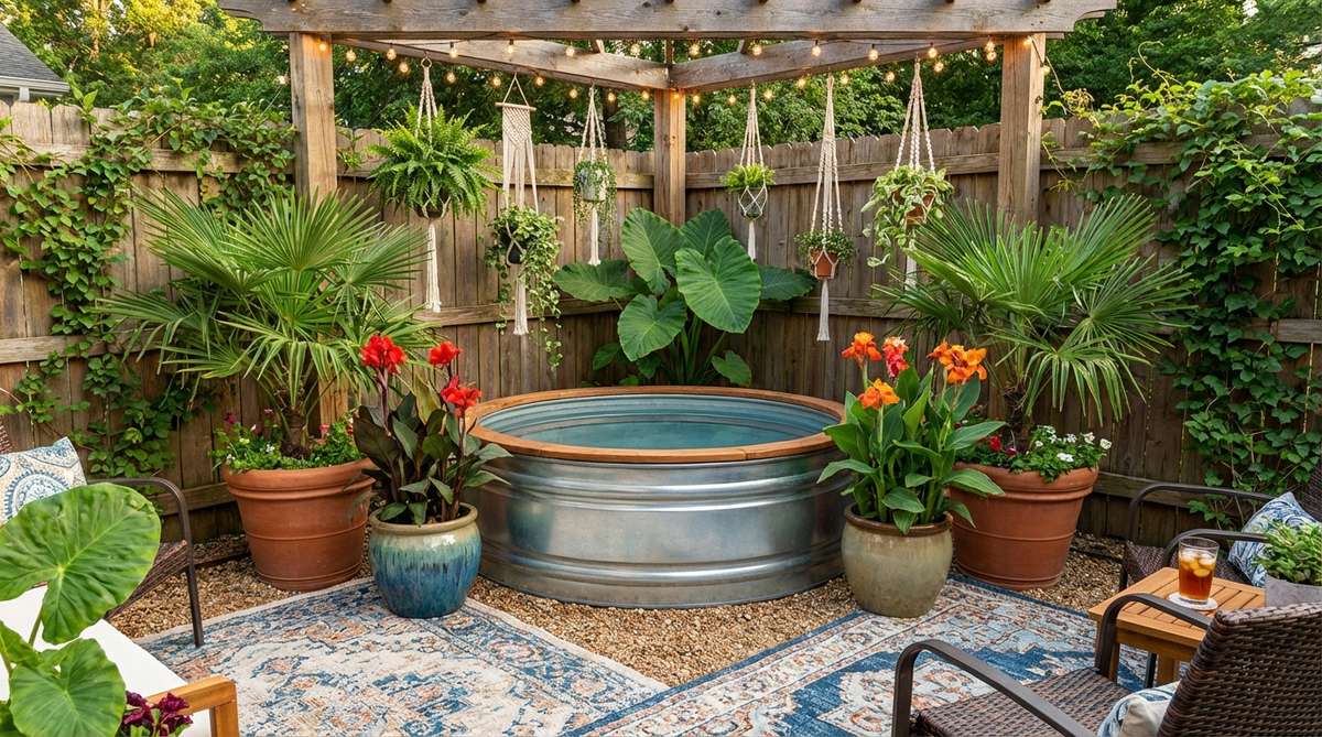 A resort-style small garden with a stock tank pool surrounded by lush tropical foliage, including cold-hardy palms, elephant ears, and canna lilies in large containers. The scene features colorful outdoor textiles like patterned rugs, macramé plant hangers, and string lights to enhance the boho aesthetic, creating a cooling centerpiece within a garden room defined by greenery, with no permanent modifications required for seasonal decor refresh.
