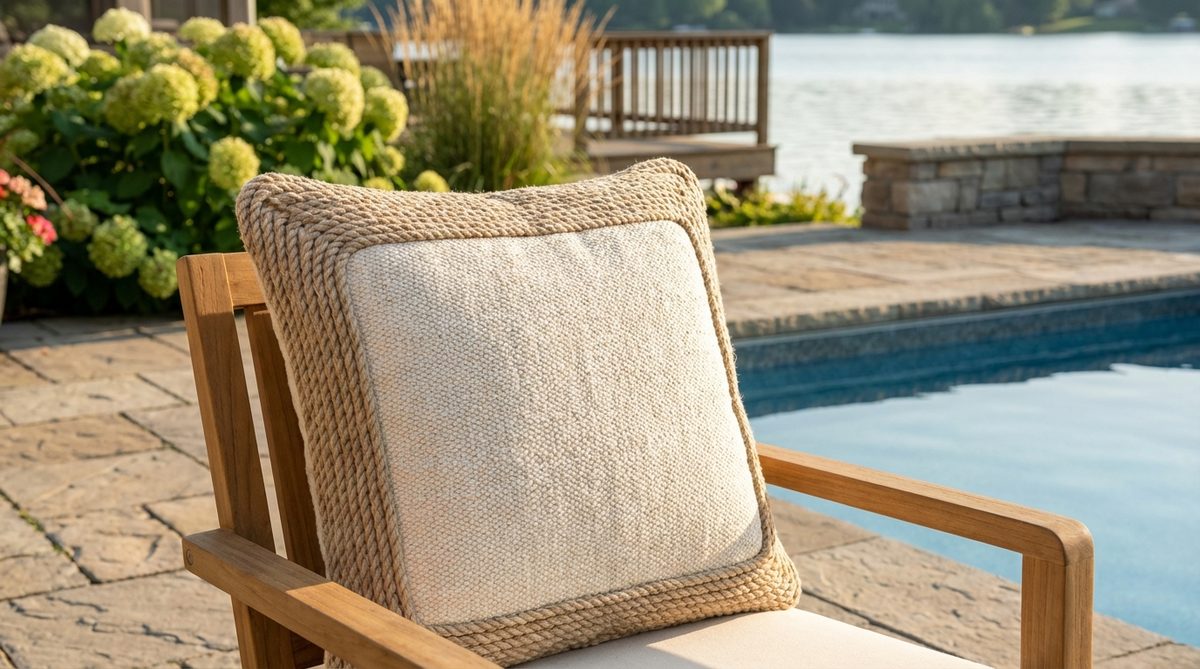 A boho decor pillow with cotton rope braided around the perimeter, framing the center fabric panel. This outdoor pillow combines nautical and bohemian styles, featuring a raised trim that adds definition in layered arrangements. Ideal for waterfront patios or poolside seating, it withstands sun exposure without significant fading or degradation.
