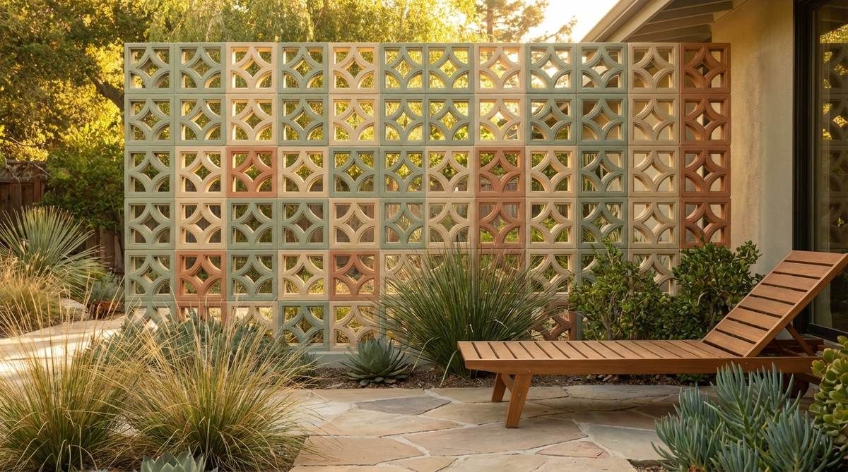 A decorative concrete breeze block privacy screen in a geometric pattern, providing privacy while filtering light and air in a mid-century modern garden setting. The screen stands 5-7 feet tall with classic screen block design, painted in muted earth tones for authentic period character.