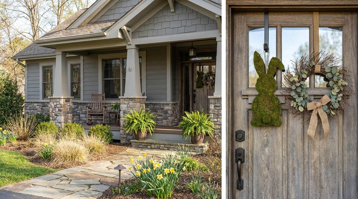 A minimalist Easter outdoor decor idea featuring moss-covered or painted wooden bunny silhouette door hangers. These flat-profile decorations are designed to hang on front doors using over-the-door hooks without interfering with door function. The hangers showcase subtle texture variations like preserved moss, weathered wood grain, or chalk-painted finishes, and can be paired with simple spring wreaths for understated seasonal charm. Perfect for homes with strong architectural features seeking subtle Easter messaging.