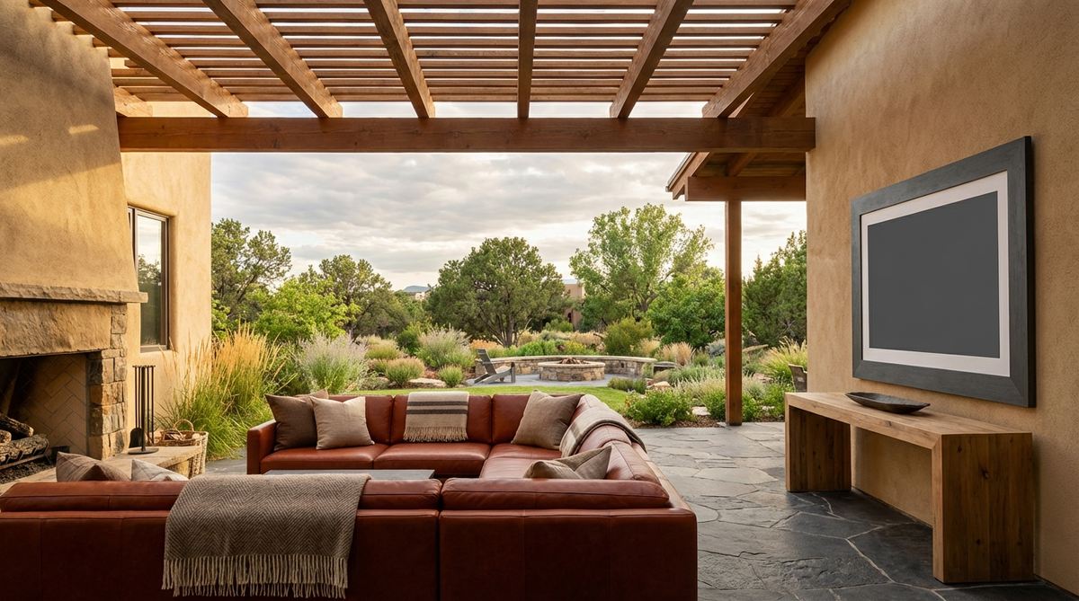 A modern living space featuring a rich burnt sienna leather sofa paired with warm sand-colored walls and charcoal gray picture frames. Natural wool and linen textures enhance the earthy quality of this grounded color palette, ideal for rooms with high ceilings.