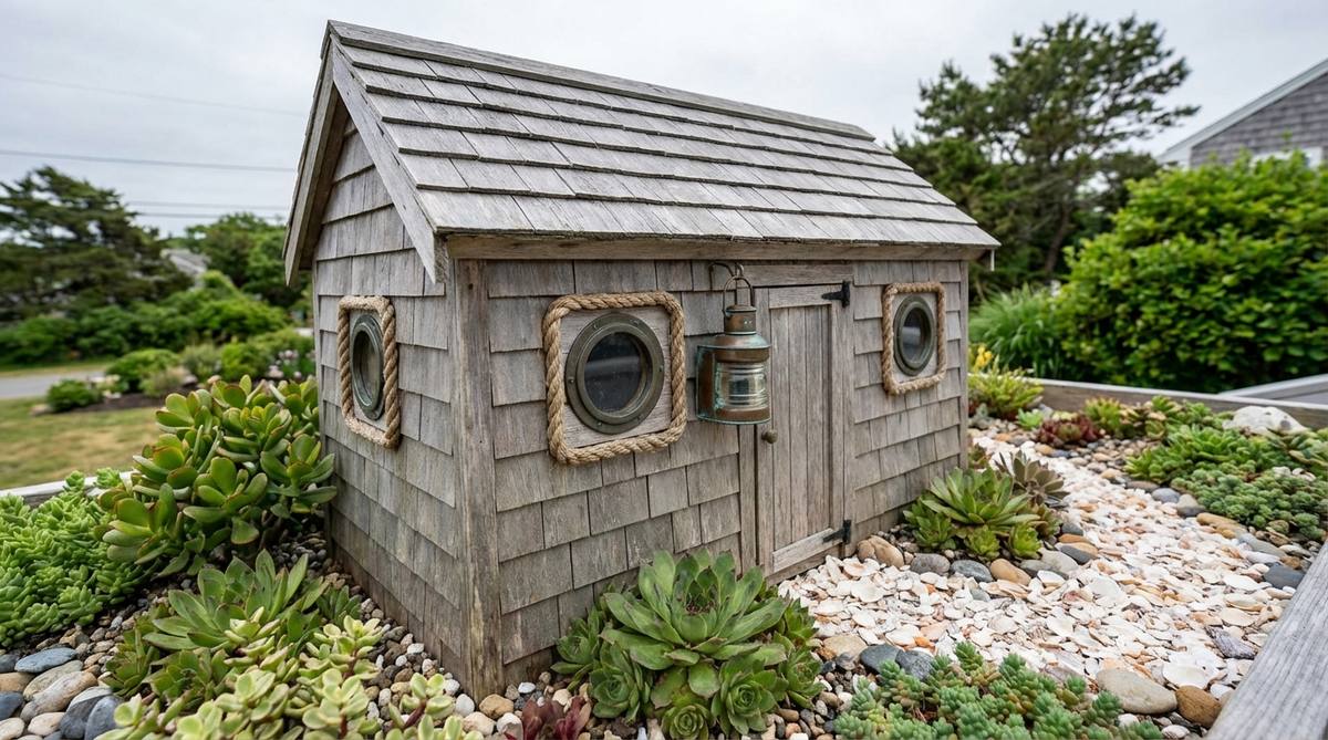 A weathered gray cedar shingle miniature garden shed in classic New England Cape Cod style, featuring nautical details like rope accents, porthole windows, and a ship's lantern. Ideal for coastal-themed fairy gardens with seashell paths and succulent plantings.