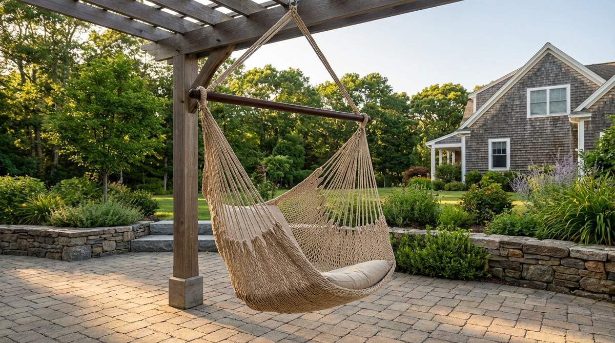A Caribbean-style hammock chair with hardwood spreader bars, adjustable seat width up to 40 inches, durable cotton rope construction supporting 300 pounds, perfect for patios, balconies, or apartment gardens with indoor-outdoor flexibility.