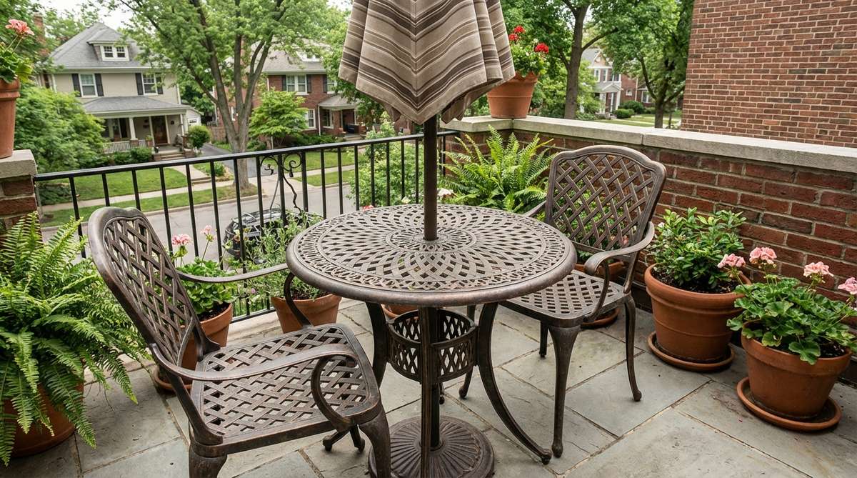 A vintage-inspired cast aluminum bistro table with intricate lattice patterns, designed for urban balconies. Features a bronze or verdigris finish that hides dirt, a 2-inch umbrella hole for shade, and weighs 50-70 pounds for wind-resistant stability without needing anchors.