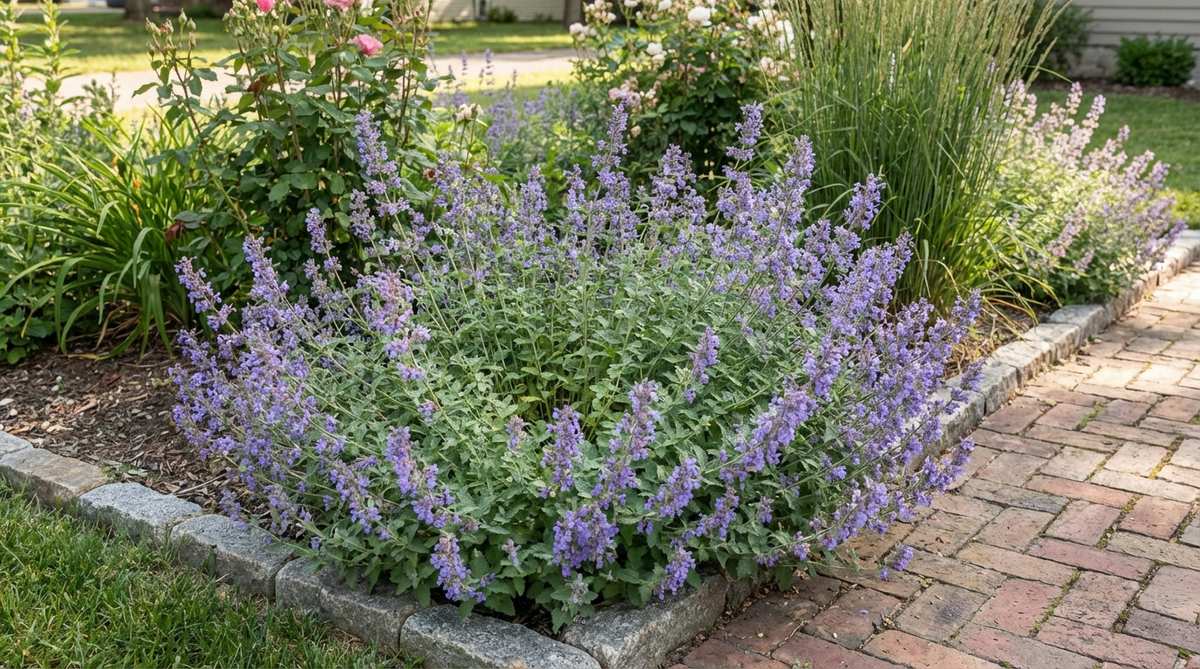 A close-up image of Catmint Nepeta Clouds, showcasing its lavender-blue flower spikes and aromatic gray-green foliage, thriving in a small garden cottage setting. The plant's billowing habit softens garden edges and fills gaps between upright companions, with drought tolerance reducing maintenance in compact beds.