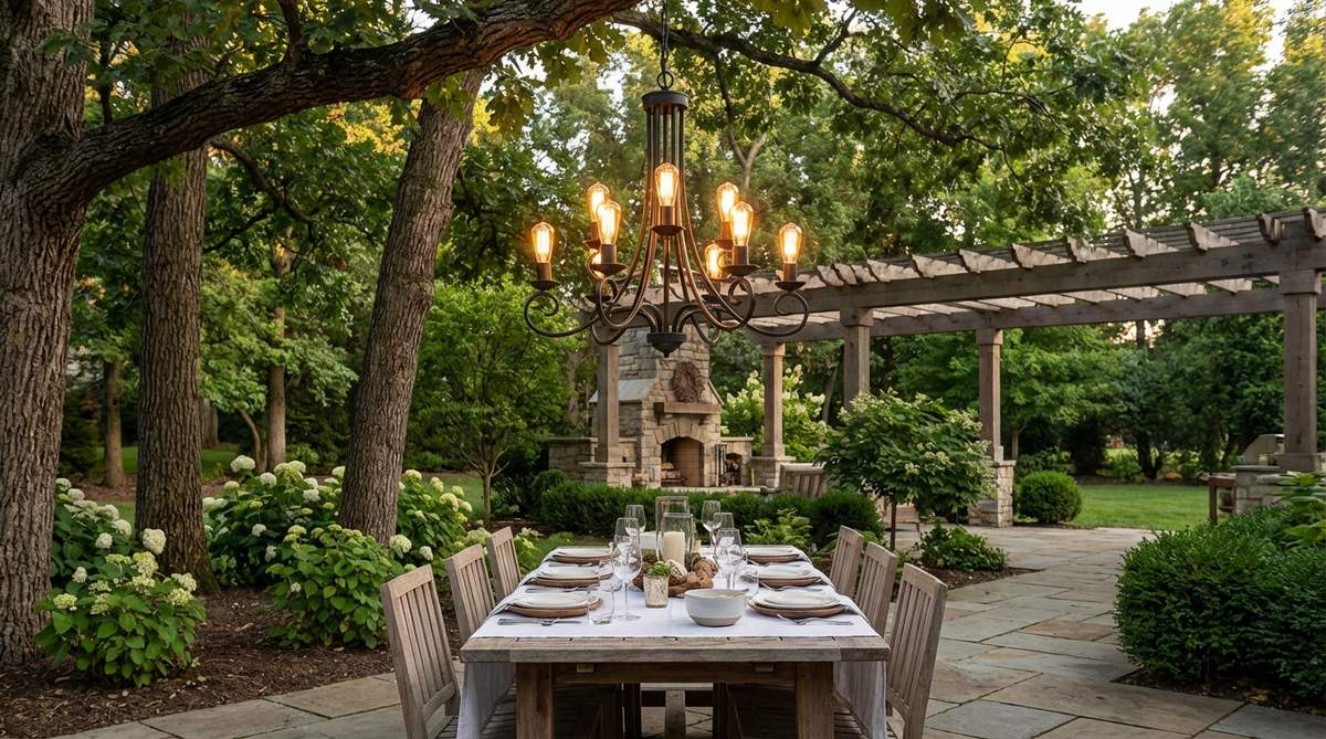An elegant weatherproof outdoor chandelier hanging from a sturdy tree branch above a dining table in a garden party setting. The chandelier features Edison bulbs or candelabra design, positioned 30-36 inches above the table surface, creating a formal focal point that elevates the outdoor dining atmosphere with restaurant-quality lighting.