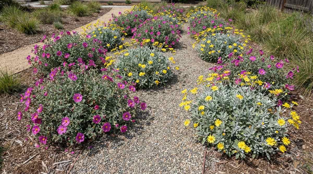 A gravel garden bed featuring the Cistus-Brachyglottis Sunshine Combo, with rock rose (Cistus × pulverulentus 'Sunset') showing magenta-pink papery flowers and gray-green foliage, paired with Brachyglottis 'Sunshine' displaying silver leaves and yellow daisy flowers, both shrubs spaced 3 feet apart in a cohesive mass.