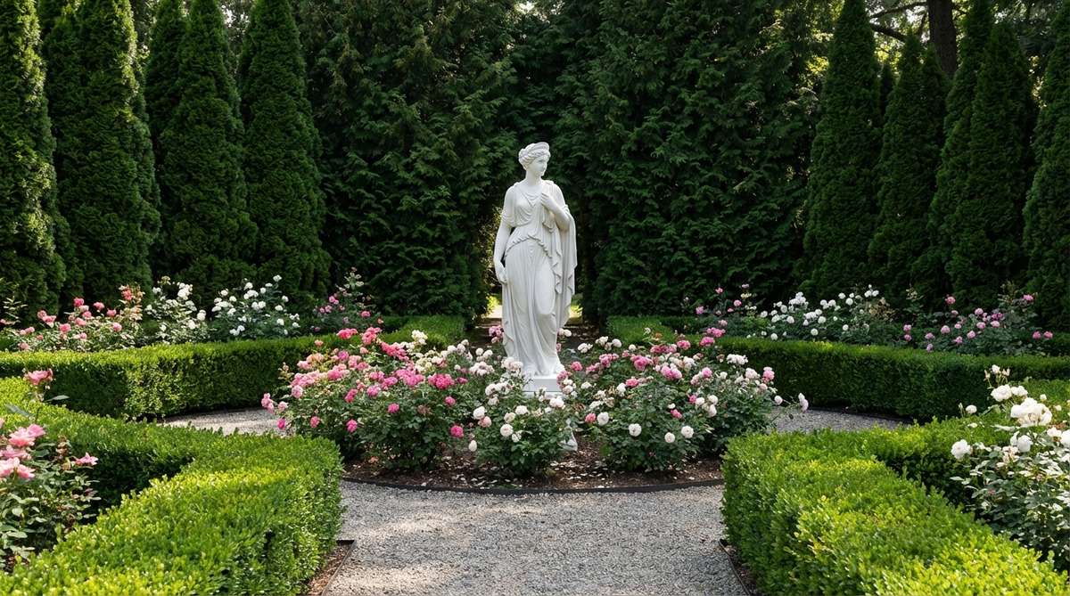 A life-size classical goddess statue, such as Venus, Diana, or Athena, standing gracefully in a formal garden. The statue features flowing robes and a relaxed contrapposto stance, creating an elegant silhouette against a backdrop of dark evergreen foliage. Positioned as a terminal vista at a garden room exit or within a circular rose bed, the fiberglass replica offers an authentic appearance while being lightweight. The surrounding space allows for a minimum 6-foot viewing radius, with the white or cream finish of the statue contrasting beautifully with the garden's greenery.