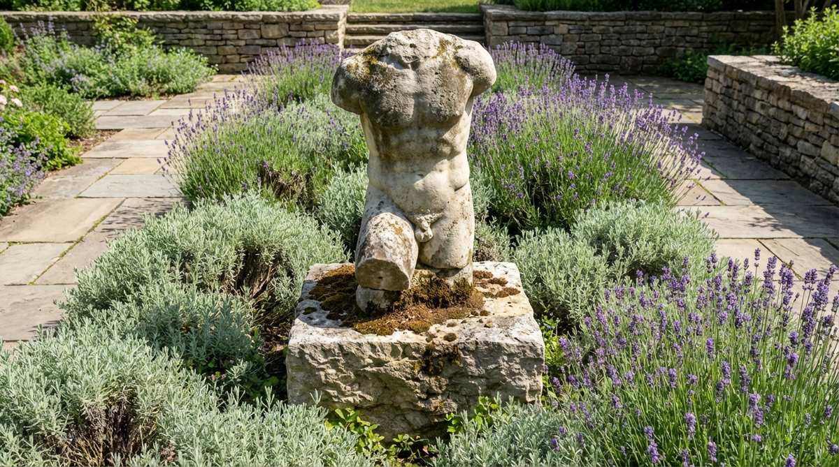 A weathered classical male torso stone statue displayed in a garden setting, evoking archaeological discovery and ancient ruins. The fragment-style sculpture sits on a limestone plinth surrounded by Mediterranean plants like lavender and santolina, bringing scholarly sophistication to contemporary and traditional gardens.