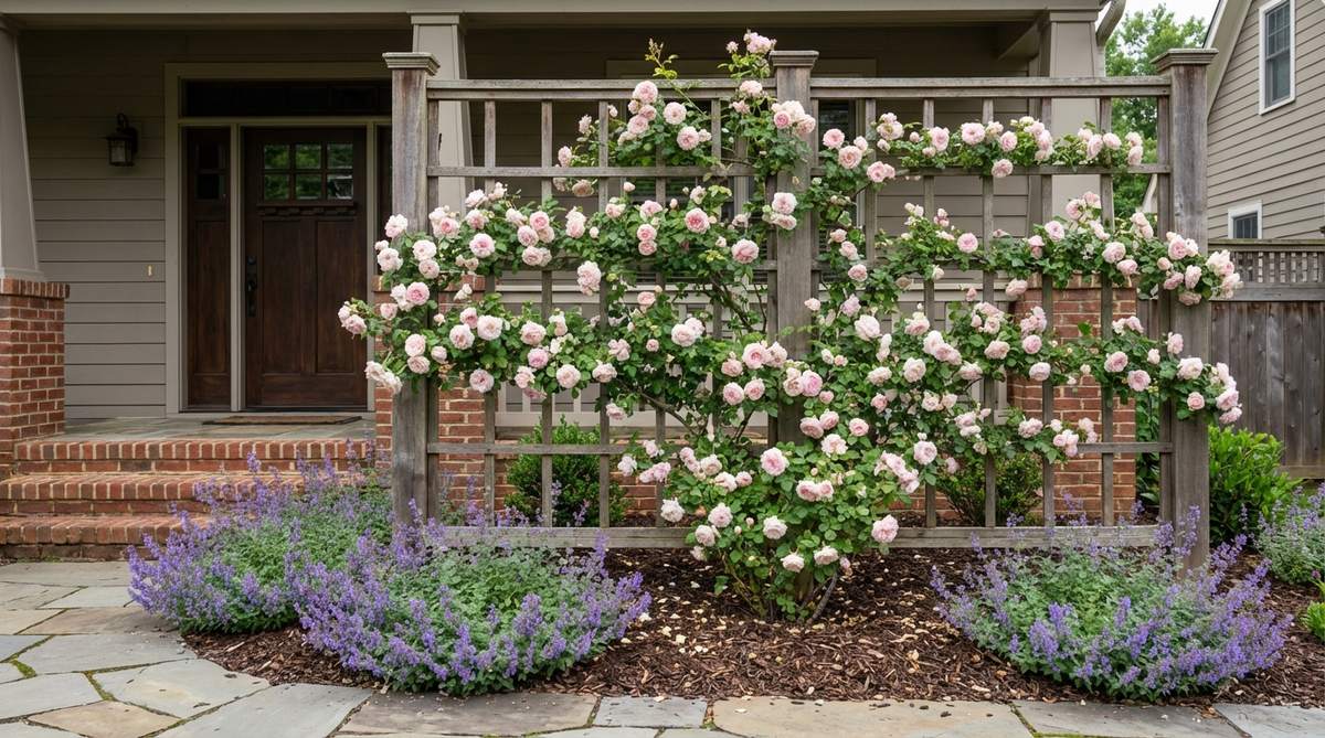 Vertical trellis with climbing roses beside a front door, showcasing romantic garden elegance with disease-resistant varieties like 'New Dawn' trained horizontally for maximum blooms in small spaces, complemented by low-growing catmint.