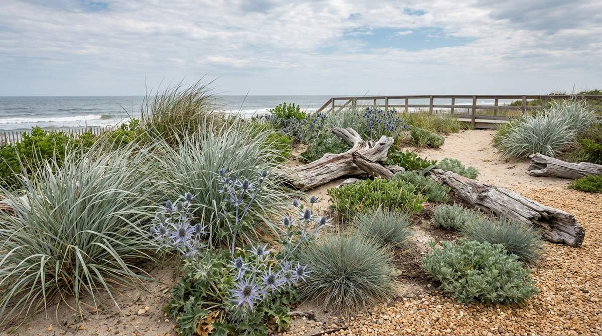 A windswept coastal sand dune garden featuring beach grass, sea holly, and salt-tolerant perennials in sandy soil, accented with gravel mulch and weathered driftwood, showcasing a neutral palette of silver-gray foliage and blue flower accents.