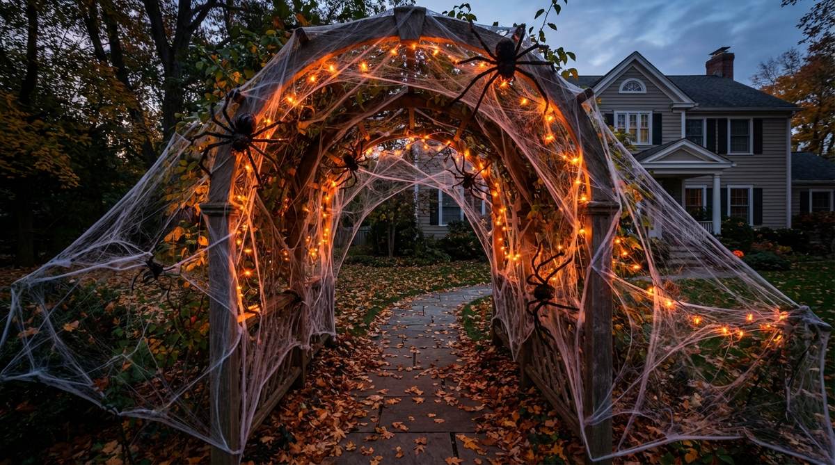 A Halloween outdoor decor image showing a cobweb-covered entry arch, creating a spooky tunnel effect with thin, irregular webs, oversized spiders, and string lights for nighttime ambiance, ideal for haunted zone entrances.