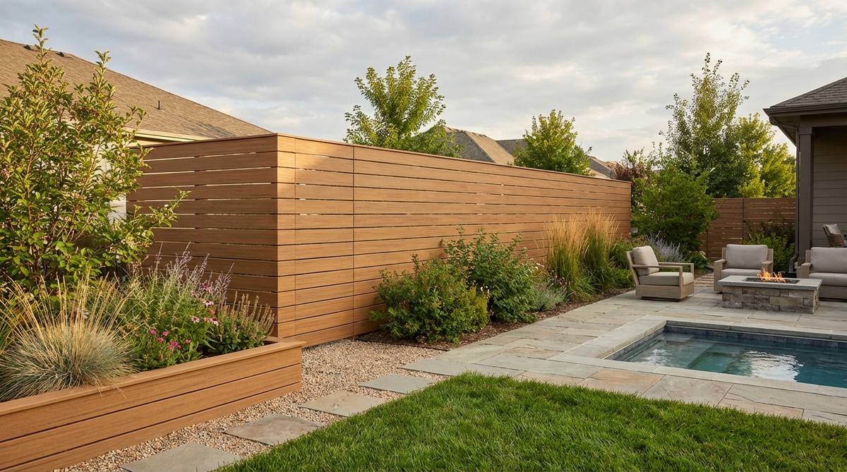 A contemporary garden fence featuring frameless horizontal composite slats that create a floating appearance with no visible posts. This modern design uses hidden mounting hardware to maintain clean, uninterrupted lines along property boundaries, ideal for patios, pools, and small gardens where visual continuity is important.