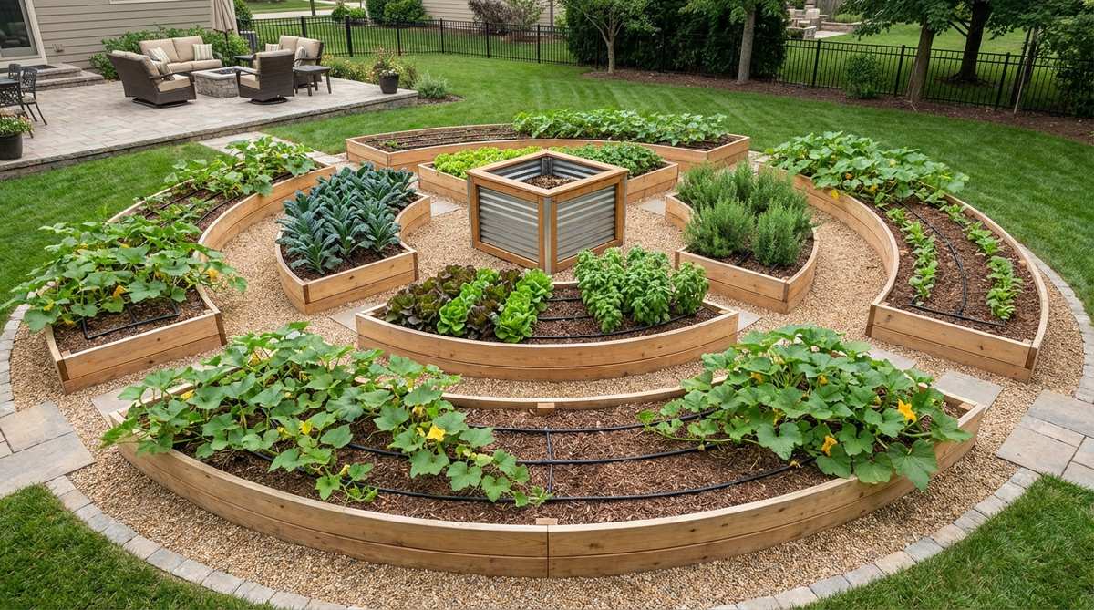 A modern garden bed featuring concentric rings radiating from a central composting hub, with each ring dedicated to different crop families such as outer rings for sprawling squash and inner circles for compact greens and herbs, showcasing efficient water distribution with drip irrigation.