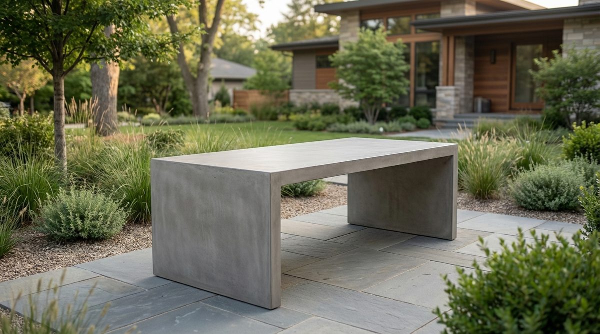A sleek modern concrete garden table with smooth trowel finish, designed for outdoor dining areas. This architectural concrete table provides stability in temperature fluctuations and serves as a focal point in modern or industrial garden design schemes.