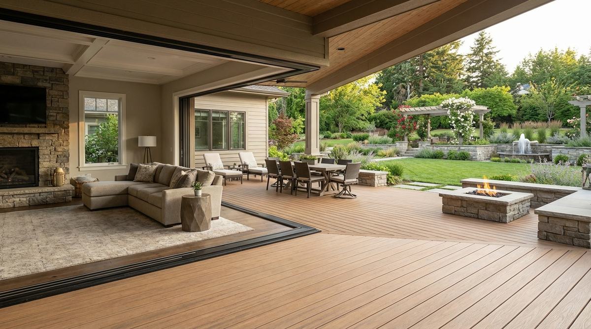A seamless transition from indoor to outdoor space using wide plank composite decking that matches interior flooring, with retractable glass walls open to create an expanded living room effect, ideal for decks at the same elevation as interior floors.