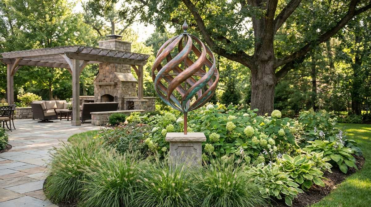 A kinetic copper spiral wind spinner rotating on a central axis in a garden setting, creating mesmerizing circular patterns as wind energy sets it in motion. The copper surface shows natural patina development with rich verdigris hues, mounted on an elevated base where wind currents flow freely. This contemporary garden sculpture operates silently and transforms visually over time with unique character reflecting local climate conditions.