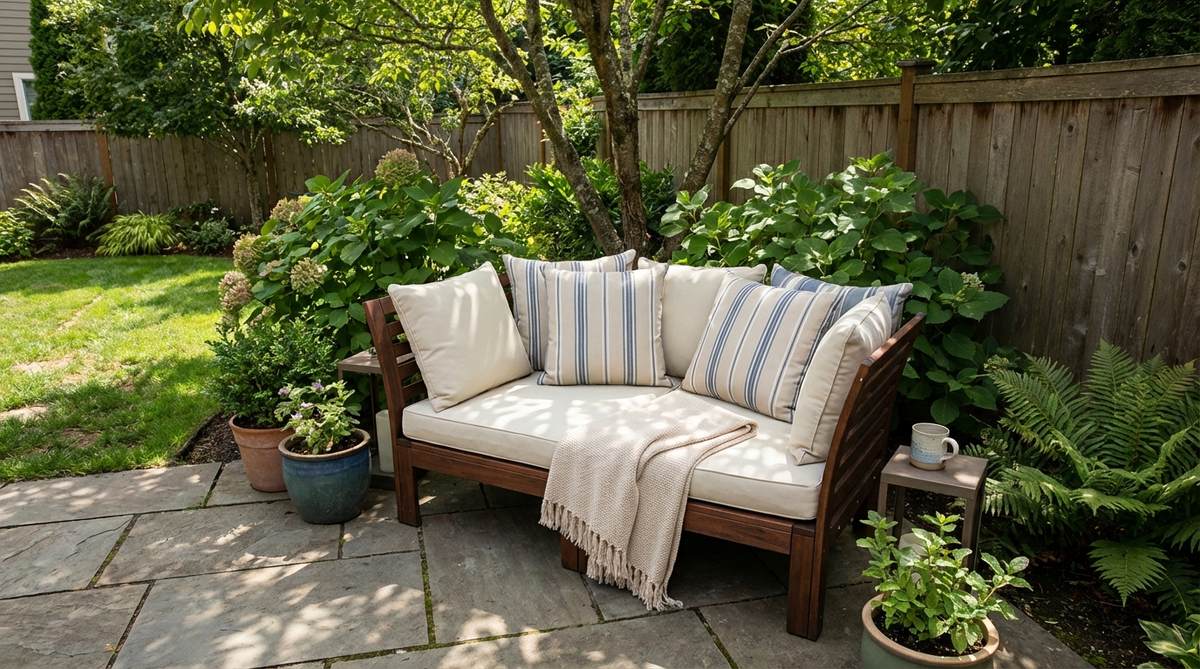 A compact outdoor daybed positioned diagonally in a garden corner, creating a cozy lounging retreat with weather-resistant pillows and a lightweight throw for afternoon naps. The setup is ideal for corners with afternoon shade and at least 6x6 feet of space.