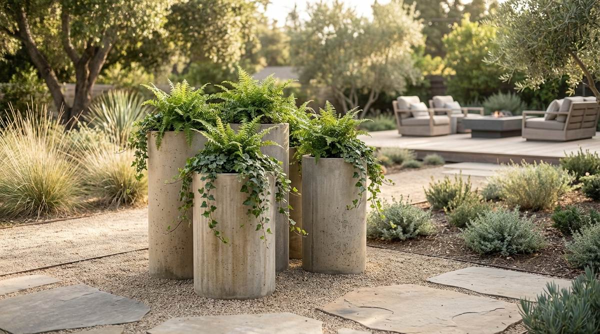Round concrete columns, 24 to 36 inches tall, topped with ferns or trailing plants, used as vertical elements in a modern zen garden to create focal zones with simple geometry.