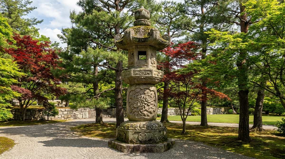 A massive stone garden lantern with elaborate carvings, featuring family crests and complex peony motifs, standing over 6 feet tall in a spacious estate garden setting surrounded by Japanese black pine and mature maple trees.