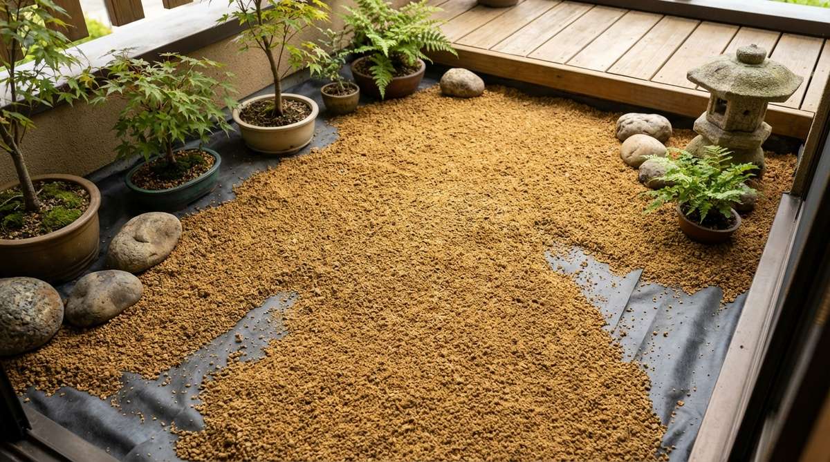 A close-up photo showing decomposed granite applied as a permeable base layer on a Japanese balcony garden. The fine particles create a naturalistic foundation that drains well and suppresses weeds, with landscape fabric visible underneath to prevent migration. The material provides a stable yet organic pathway surface.