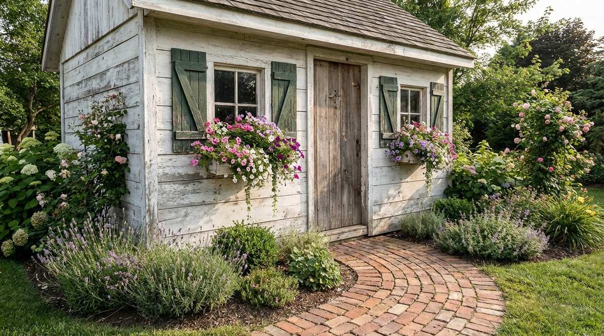A cozy garden shed featuring distressed white-wash finish on rough timber, with vintage shutters flanking windows and window boxes filled with trailing petunias. Brick pavers lead to the entrance, enhancing the farmhouse charm and cottage garden appeal.