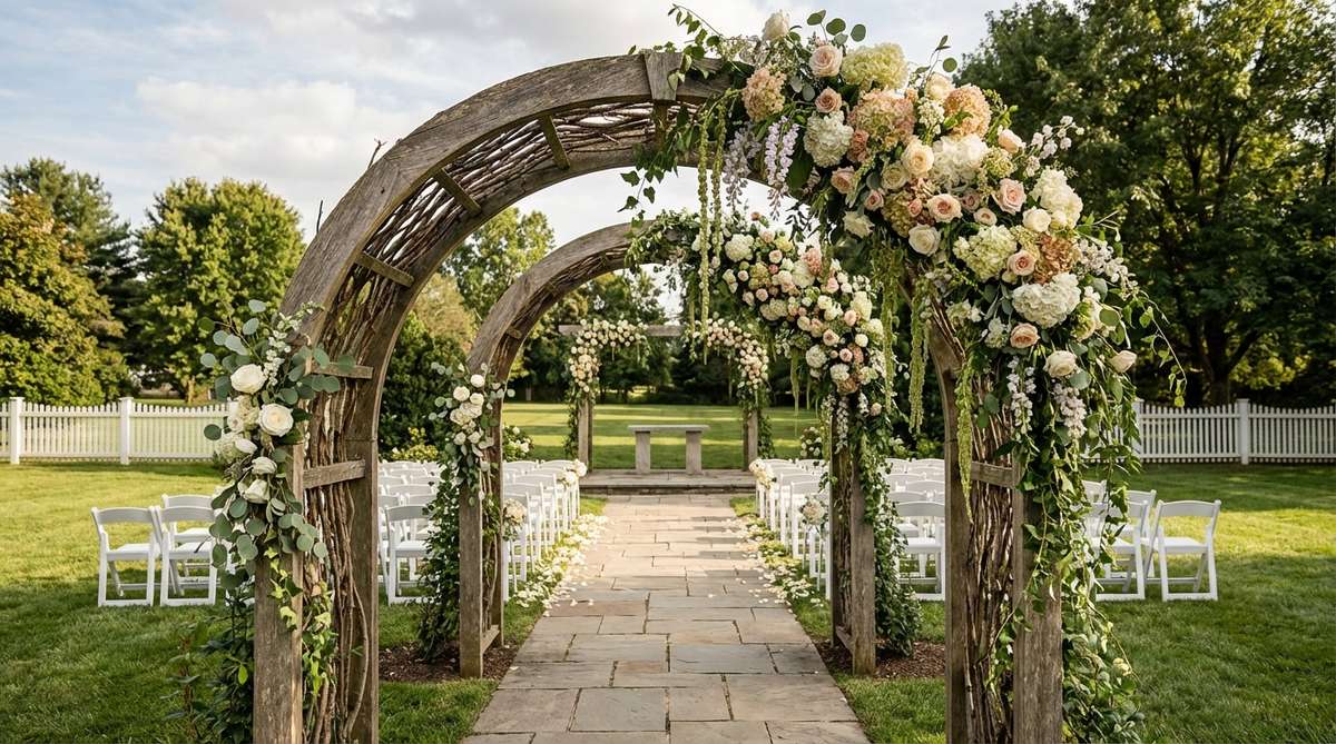 An outdoor wedding decor setup featuring two arches positioned 3-4 feet apart to create an arbor pathway leading to the altar, establishing physical and visual depth. The front arch has lighter decoration, while the rear arch is fully covered with floral arrangements, coordinated with greenery species and trailing vines for a cohesive flow. This double arch design frames couples from multiple photography angles and requires wider aisle spacing to accommodate the footprint while ensuring clear guest views.