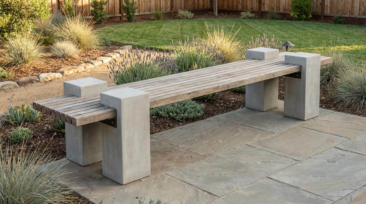 Modern garden bench with symmetrical double column design featuring four 8x8-inch concrete columns arranged in two pairs supporting a 10-foot span of teak wood planks. The columns create visual rhythm with 18-inch spacing within pairs and 6 feet between pairs, with steel angle iron providing structural support. Ideal for contemporary outdoor spaces requiring both aesthetic appeal and durability.
