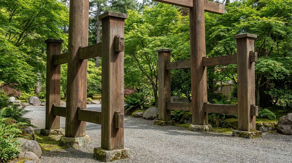 A close-up view of a double post reinforced torii gate in a Japanese garden setting, showcasing the four-post configuration with secondary support posts parallel to the main uprights, designed for wider spans up to 12 feet. The structure includes horizontal braces at mid-height, creating depth and shadow play, ideal for driveway entries or locations requiring vehicular clearance.