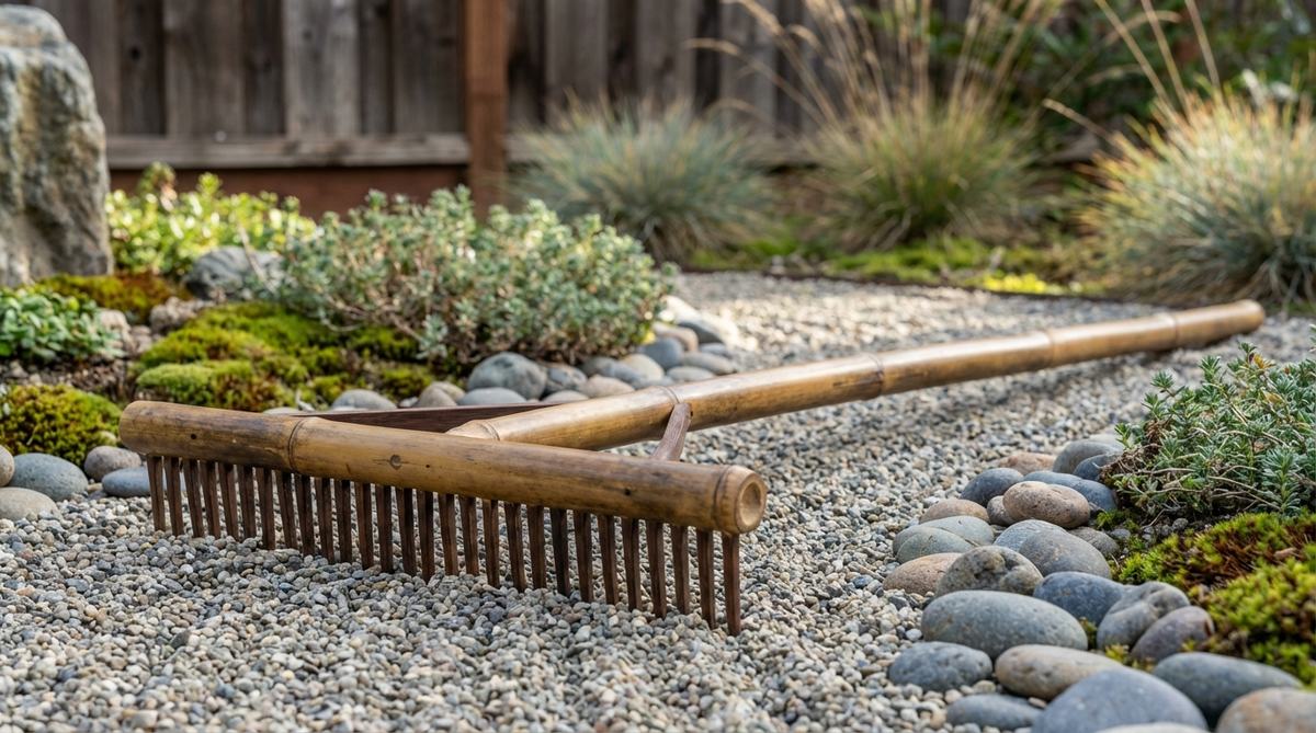 A versatile double-sided bamboo rake for zen gardens, featuring two different tine spacings on opposite sides - 15mm for general patterns and 8mm for detailed work. This efficient tool allows switching between broad sweeps and intricate focal areas without needing multiple rakes.