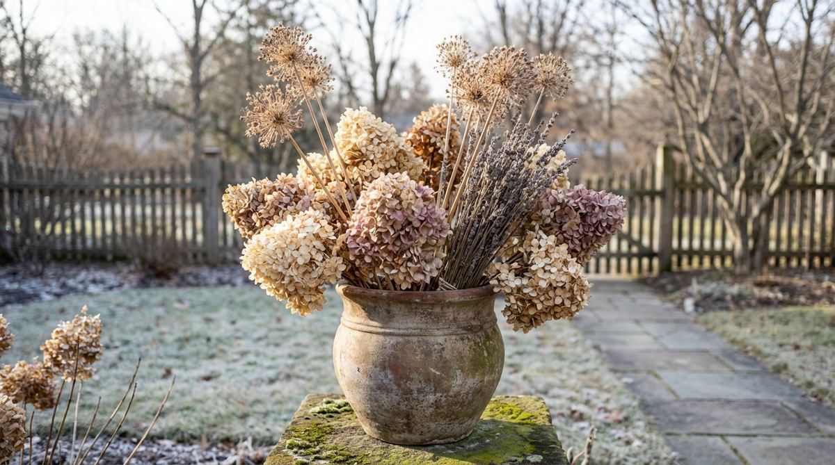A close-up image of dried hydrangea clusters arranged in an urn or vintage pitcher, showcasing subtle color variations from cream to mauve. The papery texture of the blooms catches the winter light, with dried allium or lavender stems adding height and fragrance to the arrangement, ideal for outdoor decor in winter settings.