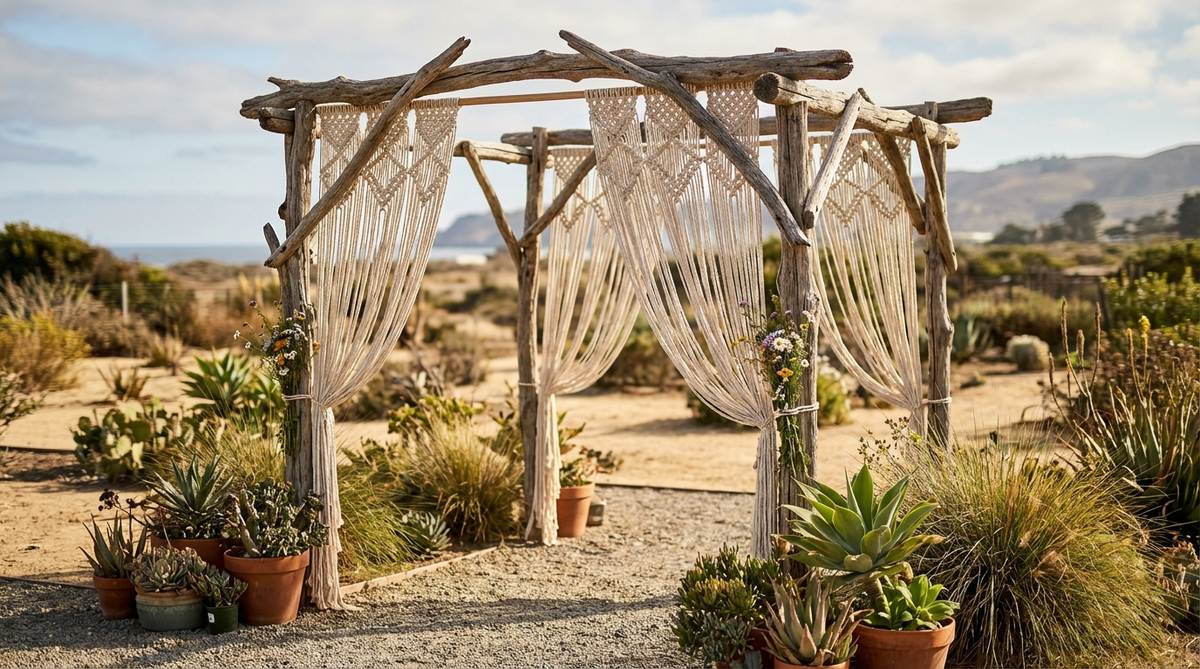 A rustic driftwood arbor with macrame side panels, perfect for beach or desert boho weddings. The weathered branches create a sculptural base, while the delicate macrame panels add texture and movement. Small wildflowers are tucked into the knotwork for subtle color accents, blending natural elements with handcrafted details for a minimalist yet visually striking wedding decoration.