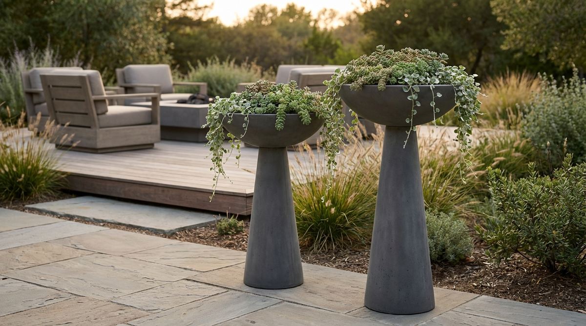 Minimalist elevated pedestal planters with slender bases and bowls that lift plantings to eye level, creating vertical interest in modern outdoor decor. Perfect for showcasing trailing plants like sedums or dichondra while improving drainage.