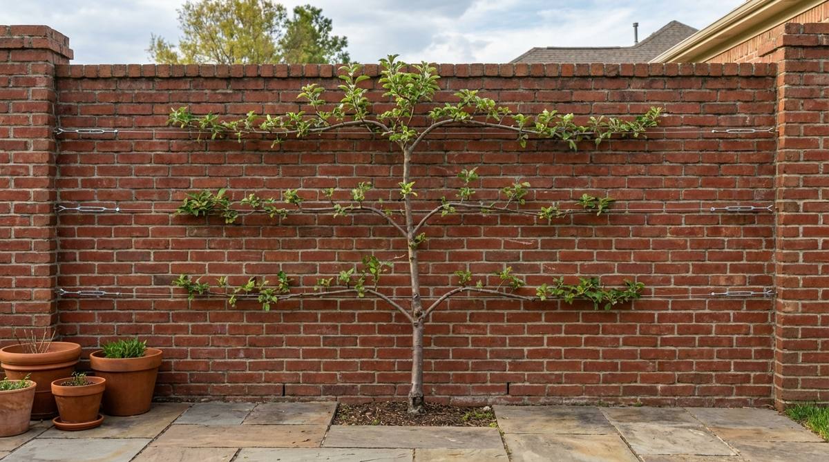 A young apple tree trained flat against a south-facing brick wall using wire supports, demonstrating the space-saving espalier technique for small gardens. The tree's horizontal branches show developing fruiting spurs while maintaining a compact 18-inch depth.