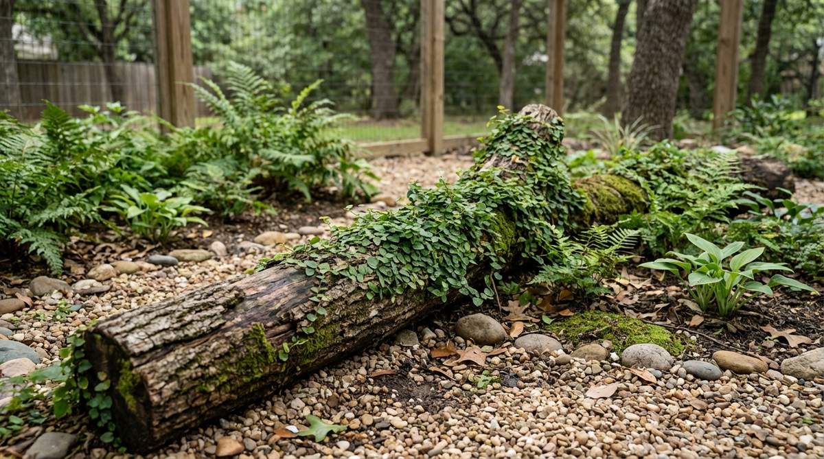 A miniature garden scene featuring a fallen log made from natural bark, creating a micro-habitat with trailing Ficus pumila plants and moss growing over it, dividing the space into distinct forest zones.