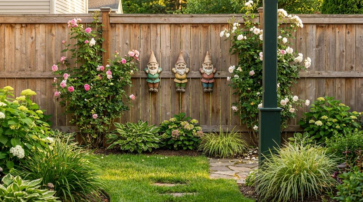 Mini garden gnomes playfully peeking over a fence top, creating a curious neighbor effect in a garden setting. The gnomes are securely mounted with discreet brackets and strategically placed near vertical elements like posts or climbing roses for visual interest.