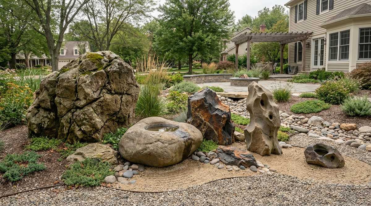 A naturalistic grouping of five boulders representing the elements earth, water, fire, wind, and void in a Zen garden. The arrangement features dramatic size variations from the largest earth stone to the smallest void stone, with each stone displaying unique characteristics like sharp edges, smooth faces, and weathered hollows. Subtle height variations create a geological formation appearance that invites contemplation of natural forces and philosophical balance.