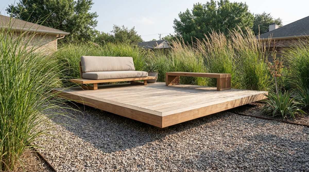 A minimalist floating deck made of wood or composite material, elevated slightly above gravel to create a serene meditation or yoga platform in a garden. The design features clean lines, a simple bench or cushion, and is surrounded by tall grasses for privacy, emphasizing a modern and uncluttered aesthetic.