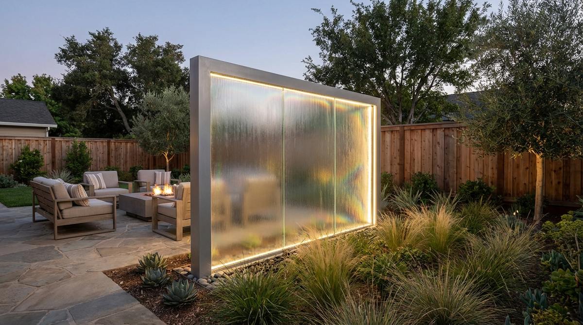 A modern garden fountain featuring a floating glass panel water wall, with water flowing over transparent or frosted glass surfaces that capture and refract light. Enhanced by LED backlighting for nighttime illumination, this design serves as an innovative room divider or wall accent in contemporary outdoor spaces, creating dynamic visual effects and defining garden zones without visual barriers.