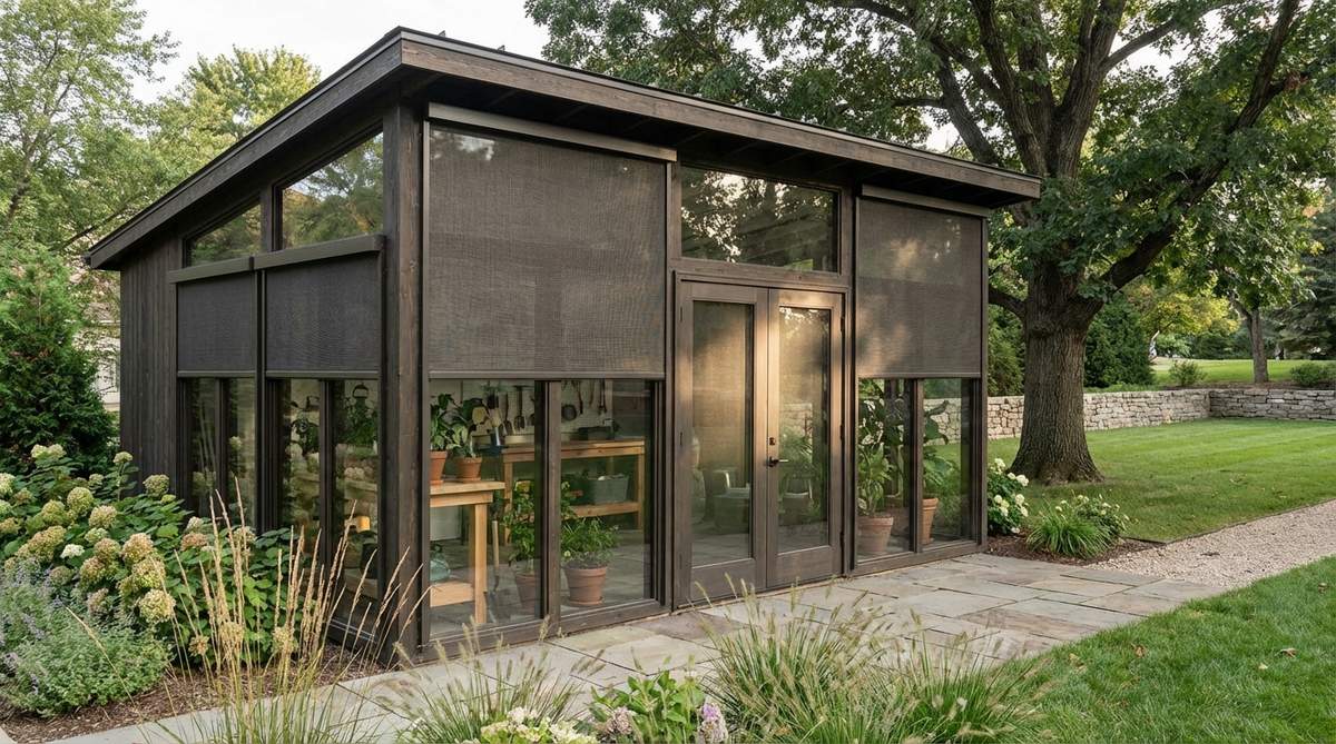 A contemporary garden shed featuring floor-to-ceiling glazing across the entire front elevation, creating a greenhouse effect with unobstructed garden views. The angled glazing increases glass surface area, constructed with toughened 4mm glass rated for exterior applications. The structure includes inswing glass doors with concealed hinges and three-lever locks, positioned to avoid direct sunlight on screens or with exterior roller shades for south-facing installations.