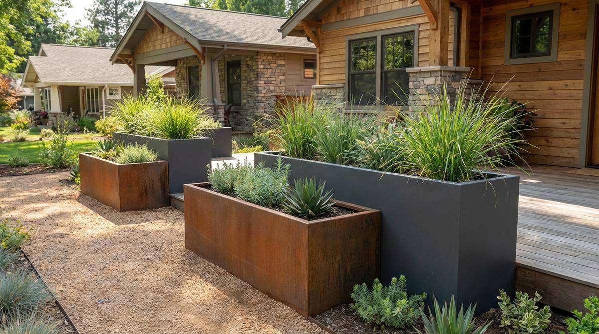 Square and rectangular steel planter boxes with clean geometric forms, made from corten or powder-coated mild steel. These modern garden edging elements create vertical interest along pathways or in modular clusters, featuring seamless corner welds and proper drainage for ornamental plants.