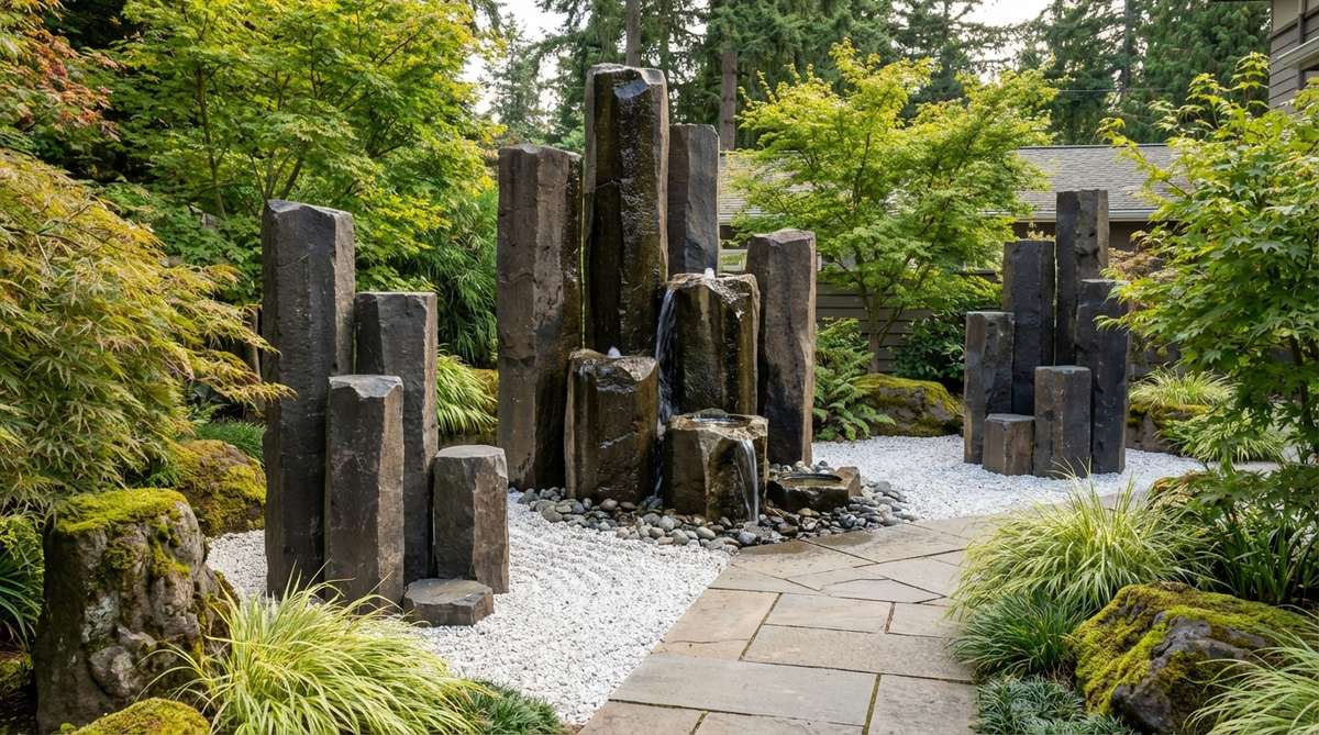 Vertical basalt columns arranged in asymmetric clusters at varying heights, emerging from white gravel beds in a modern Japanese garden. Dark angular columns create sculptural focal points with water cascading down their faces, combining natural formations with modernist aesthetics.