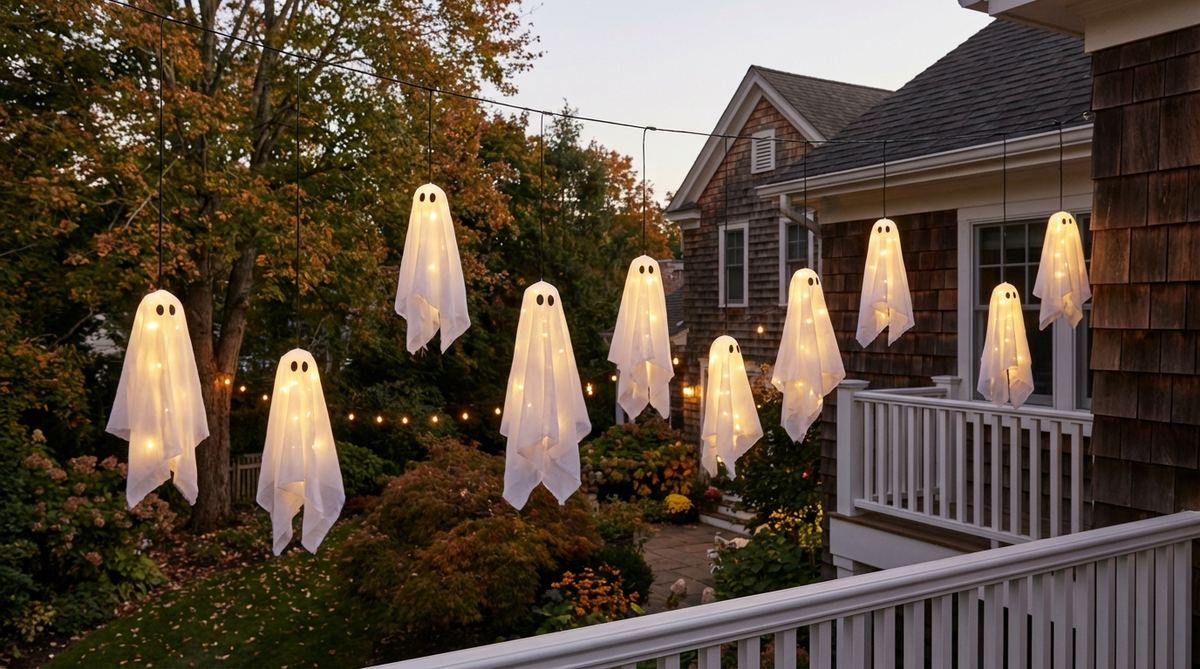 White fabric ghosts with LED lights floating at varying heights from overhead wires on a balcony, creating a spooky yet family-friendly Halloween display that sways in the breeze.