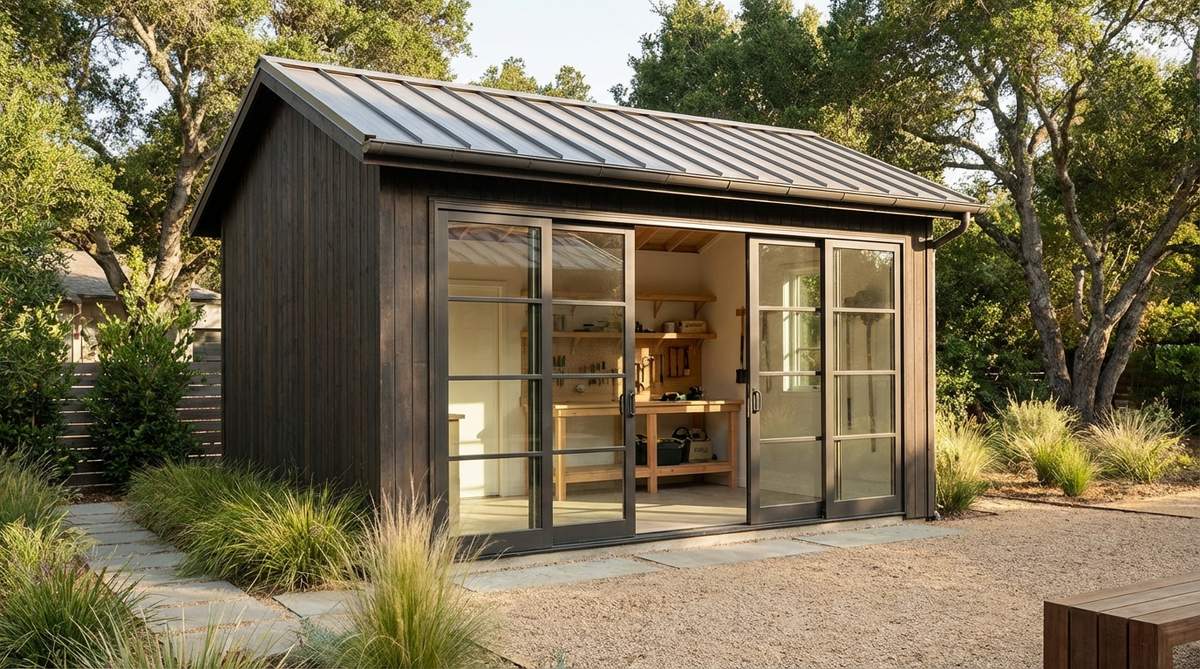 A modern garden shed featuring four large glass sliding doors on the front wall, each panel 30 inches wide, providing seamless indoor-outdoor transition with tempered safety glass for durability and clarity. Ideal for art studios or workspaces requiring natural light and cross-ventilation, enhancing space perception in compact areas.