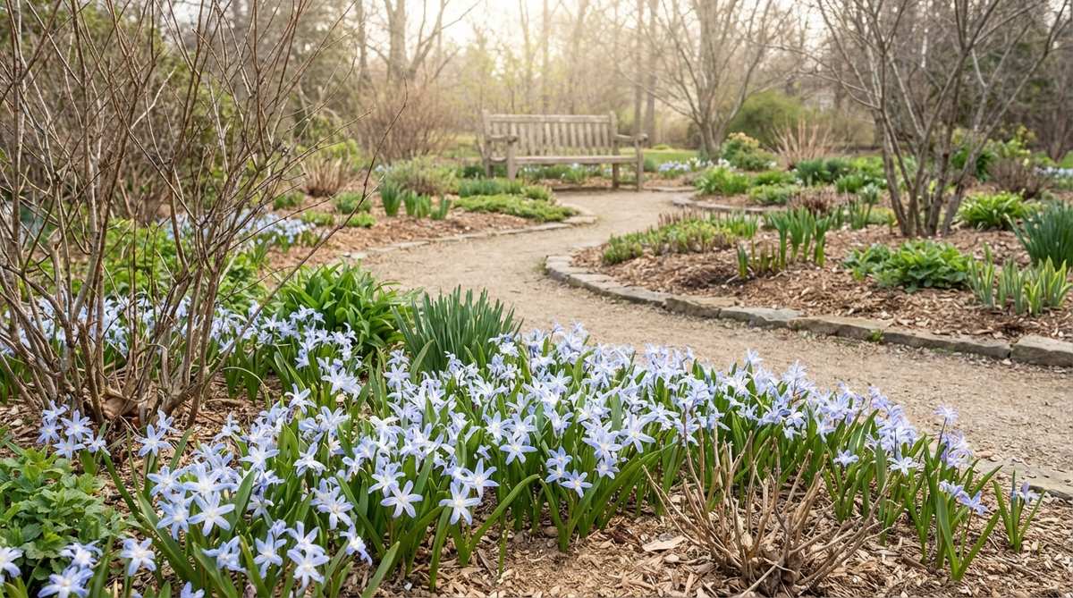A close-up image of Glory-of-the-Snow (Chionodoxa luciliae) bulbs blooming in early spring, featuring upward-facing star-shaped pale blue flowers with white centers. The flowers are shown in a garden setting, possibly under deciduous shrubs or at the base of perennials, illustrating their ability to self-seed and form dense colonies in well-drained soil.