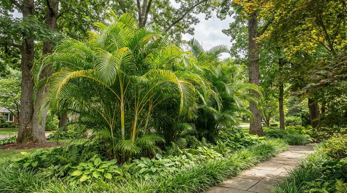 A golden cane palm with bright yellow-green stems, reaching 12 to 20 feet, positioned in dappled shade beneath taller trees or along a shaded walkway. Its clumping habit creates dense masses that transition smoothly between tall canopy palms and low ground covers, ideal for urban tropical oases and narrow planting beds.