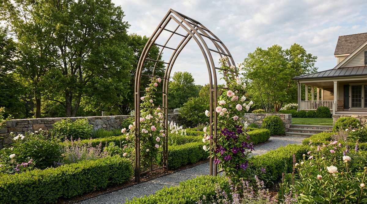 A steel arbor with a pointed Gothic arch design, featuring slender, delicate-looking proportions that provide structural strength. It is positioned along a formal garden axis, with climbing plants such as roses or clematis beginning to ascend. The arbor has a powder-coated finish in aged bronze or copper tones, showing an authentic patina appearance. The pointed apex effectively directs water runoff away from plantings below, making it ideal for narrow spaces and tall climbing varieties in garden decor.