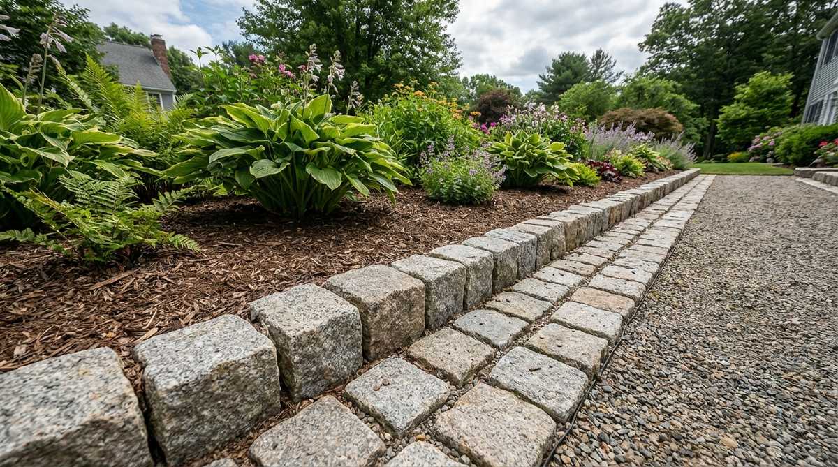Historic granite cobblestones ranging from 4x4 to 6x6 inches used as garden edging, showing their cube-like shape installed in a running bond pattern. The granular surface of the granite provides slip resistance in wet conditions, making it suitable for both permanent pathways and adaptable dry-stack edging.